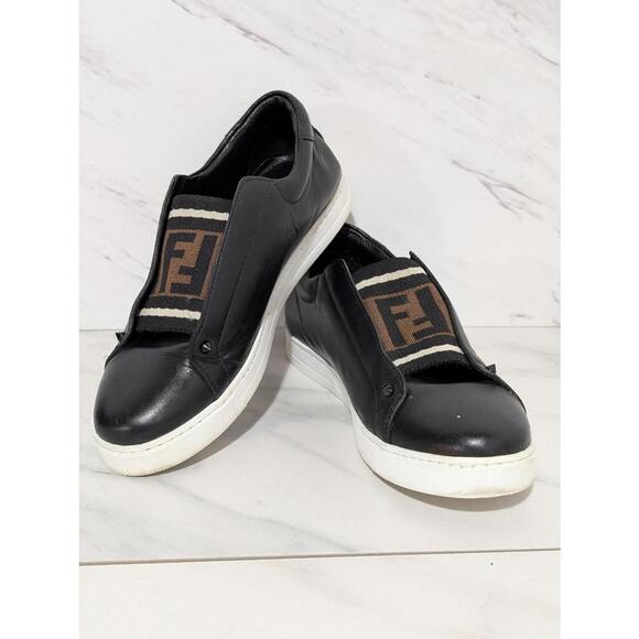 Fendi Black Leather Slip-On Sneakers Sz 37 US 7.5 - Picture 1 of 12